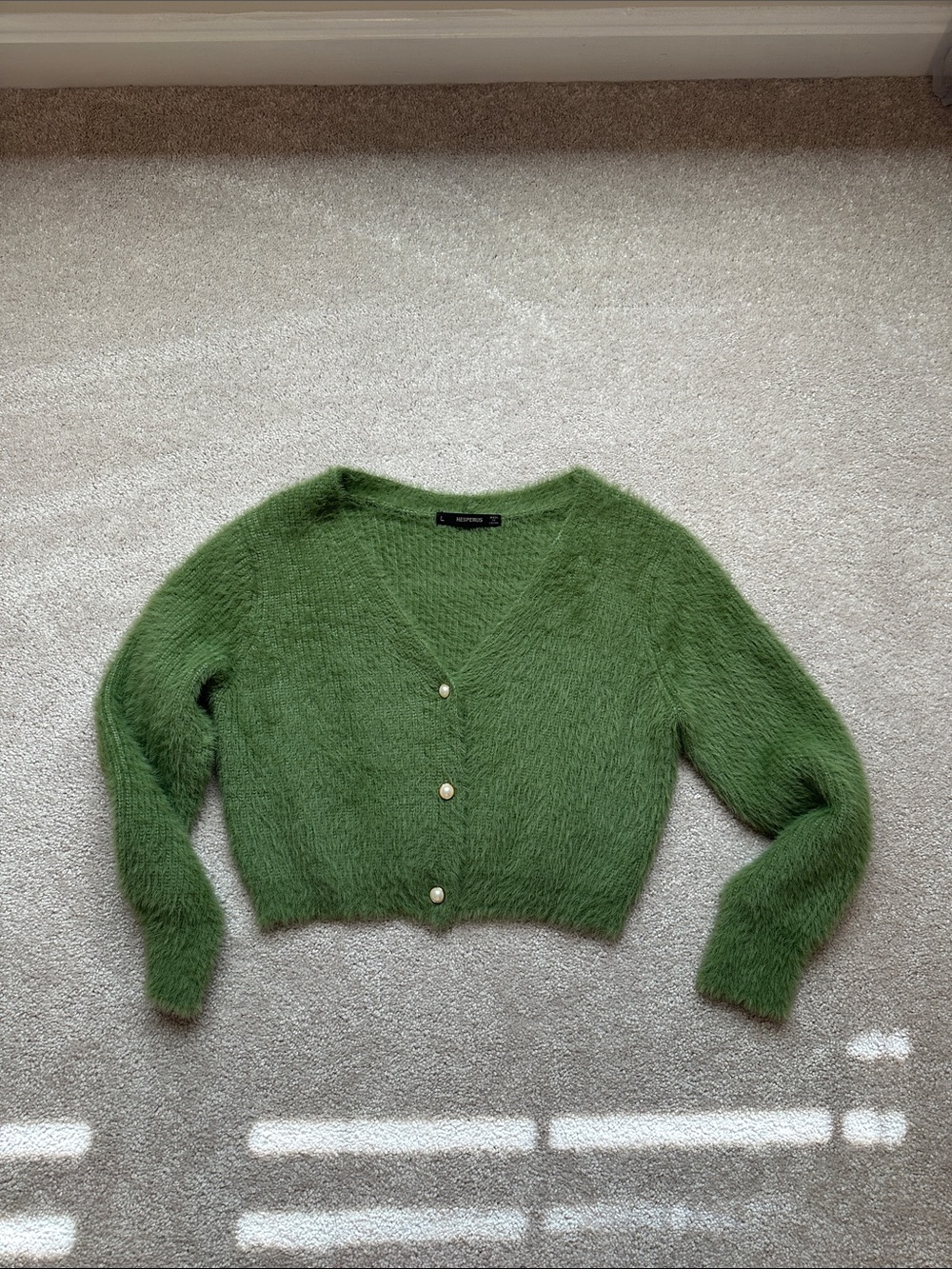 Cropped Olive Green Fuzzy V-Neck Cardigan with Pearl Buttons